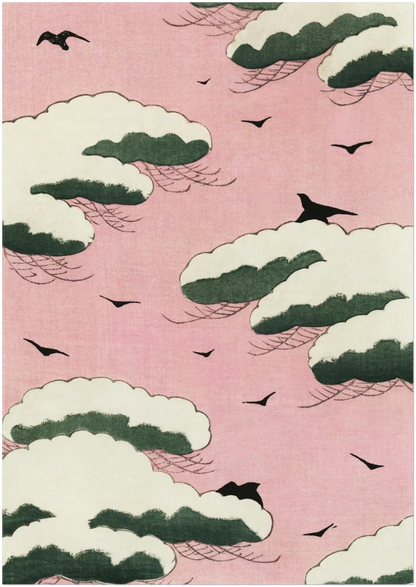 A1 Japanese art print showing pink sky with white and green cloud formations from Shin Bijutsukai magazine, presented on a clean neutral wall for scale and minimalist display reference.