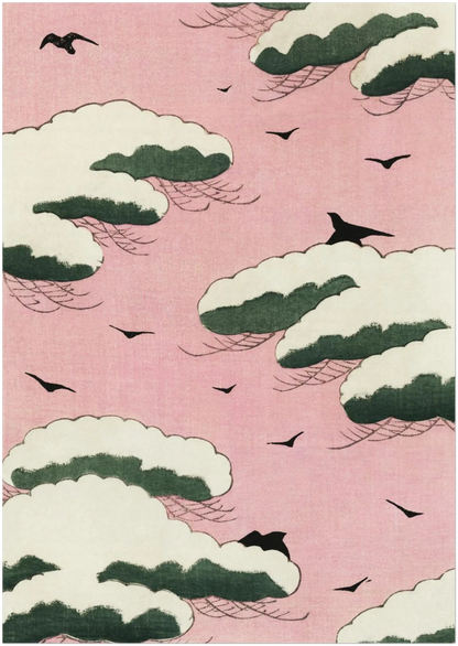 A2 wall art print mockup displaying original Shin Bijutsukai pink sky and cloud illustration on plain background, showing artwork proportions and delicate Japanese graphic composition.