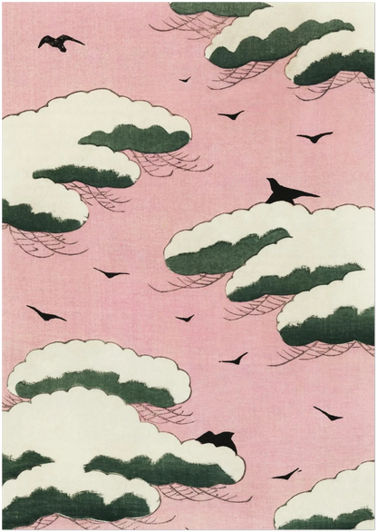 A3 poster mockup of Shin Bijutsukai Japanese artwork featuring pink sky and soft cloud patterns, presented on a neutral plain wall to show proportional crop and elegant minimal style.