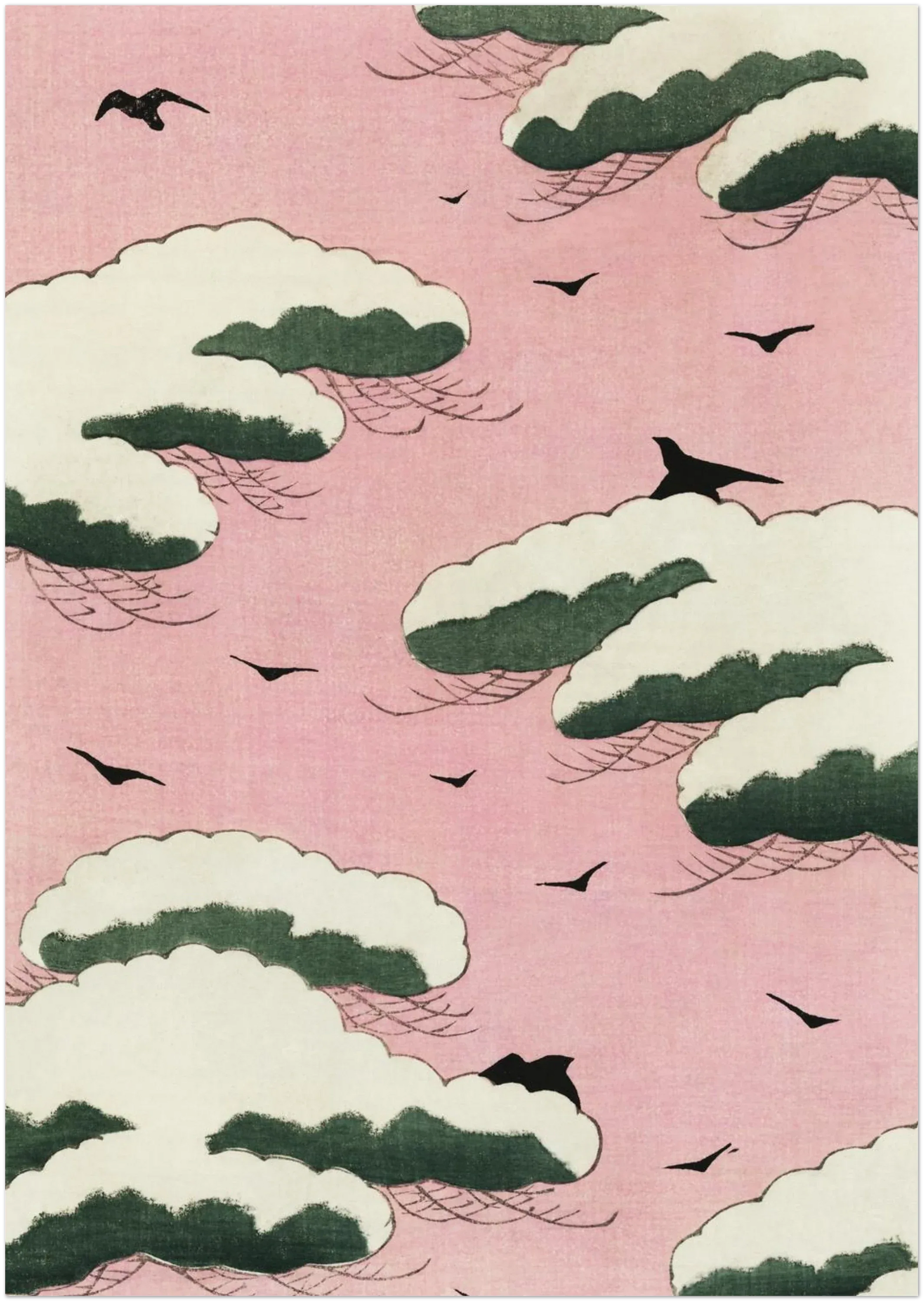 A4 size Japanese art print showing pink sky and stylised cloud design from Shin Bijutsukai magazine, displayed on a plain background to illustrate artwork crop and fine print detail.