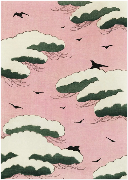 A4 size Japanese art print showing pink sky and stylised cloud design from Shin Bijutsukai magazine, displayed on a plain background to illustrate artwork crop and fine print detail.
