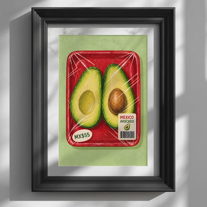 Video showing the available sizes for the Mexican Avocado Kitchen Print with Red Packaging Tray, beginning with a close-up of the artwork in a black frame before displaying each print size.