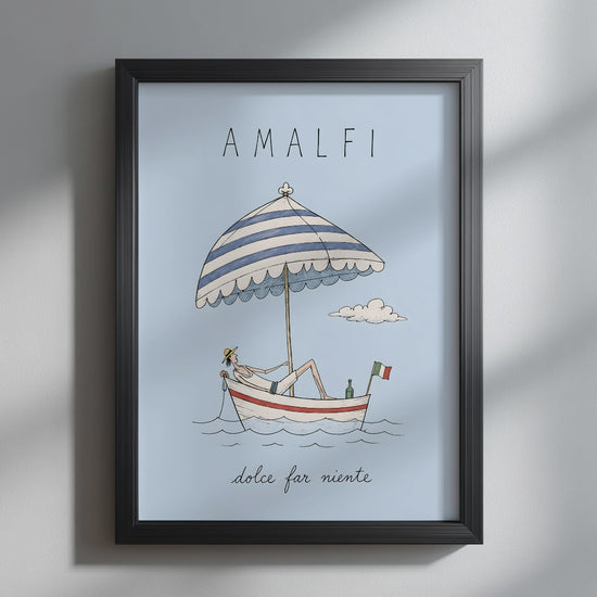 Video showcasing the available sizes for the Amalfi Dolce Far Niente Boat Print. Opens with a close-up of the Italian summer artwork in a black frame, followed by each available unframed print size.