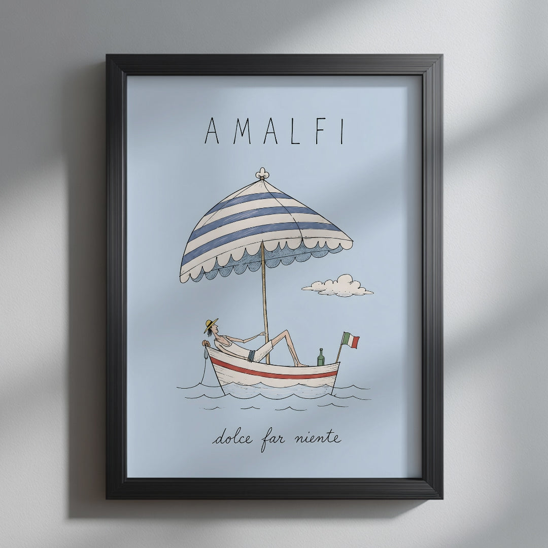 Video showcasing the available sizes for the Amalfi Dolce Far Niente Boat Print. Opens with a close-up of the Italian summer artwork in a black frame, followed by each available unframed print size.