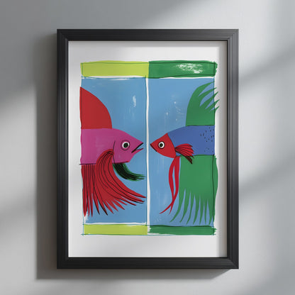 Video showing the available sizes for the Colourful Siamese Fighting Fish Art Print, beginning with a close-up of the Thai betta fish artwork in a black frame before displaying each unframed print size.