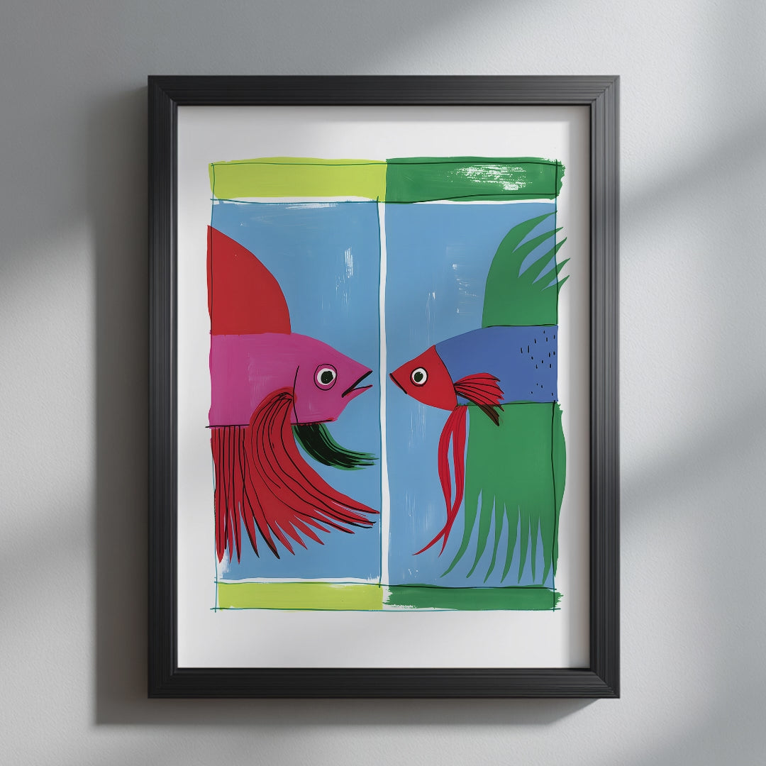 Video showing the available sizes for the Colourful Siamese Fighting Fish Art Print, beginning with a close-up of the Thai betta fish artwork in a black frame before displaying each unframed print size.