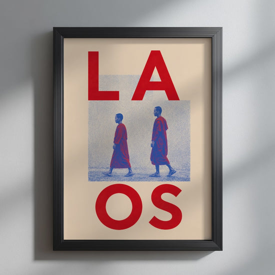 Video showcasing the available sizes for the Red and Blue Laos Monk Art PrintArt Print wall art print. It begins with a close-up of the artwork displayed in a black frame, followed by each available print size