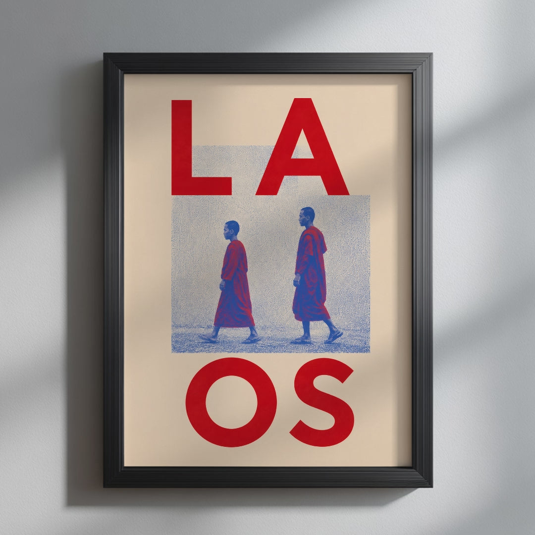Video showcasing the available sizes for the Red and Blue Laos Monk Art PrintArt Print wall art print. It begins with a close-up of the artwork displayed in a black frame, followed by each available print size
