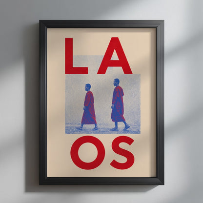 Video showcasing the available sizes for the Red and Blue Laos Monk Art PrintArt Print wall art print. It begins with a close-up of the artwork displayed in a black frame, followed by each available print size
