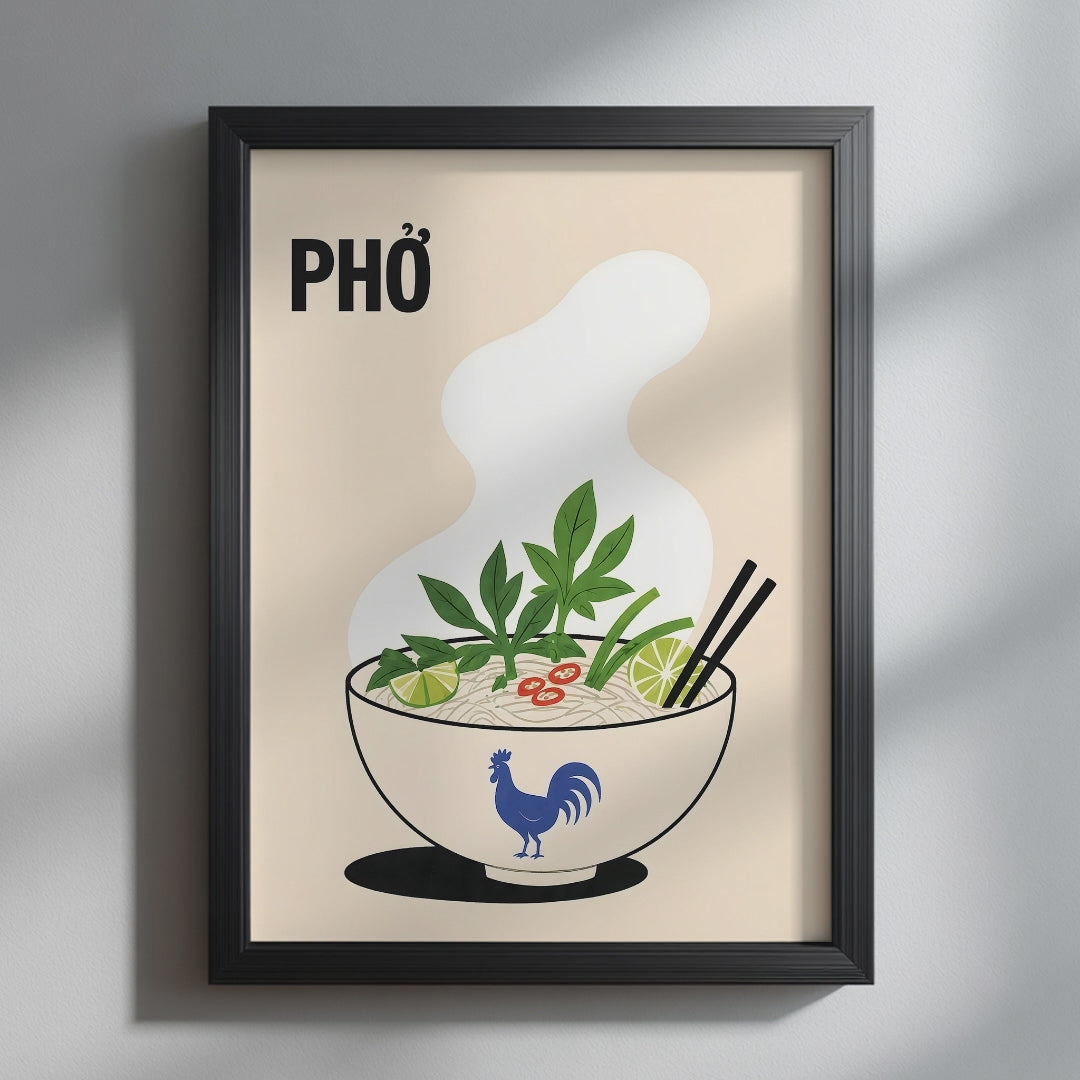 Video showing the available sizes for the Vietnamese Phở Noodle Soup Poster. It begins with a close-up of the cream kitchen wall art displayed in a black frame, followed by each print size for easy comparison.