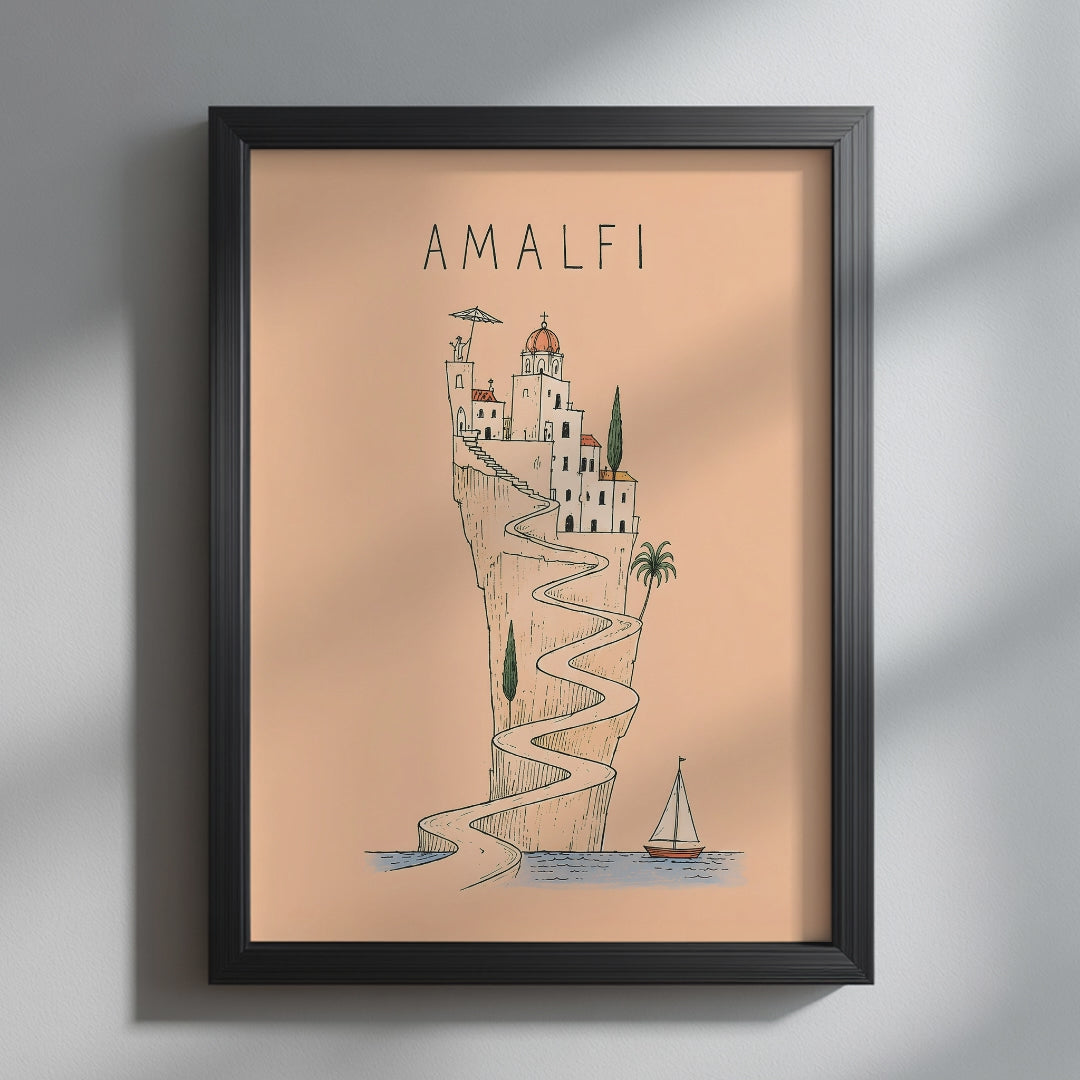 Video showcasing the available sizes for the Peach Amalfi Coast Line Art Print, beginning with a close-up of the artwork in a black frame before displaying each unframed print size.