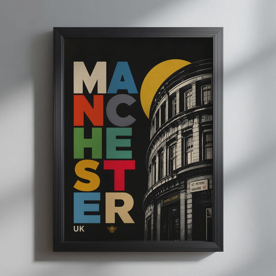 Video showcasing the available sizes for the Colour Block Manchester Central Library Poster Art Print wall art print. It begins with a close-up of the artwork displayed in a black frame, followed by each available print size