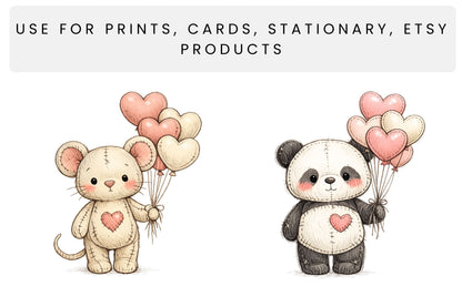 Transparent stitched teddy bear and panda illustrations holding pastel heart balloons, shown as examples suitable for printed cards, posters, stickers and handmade products