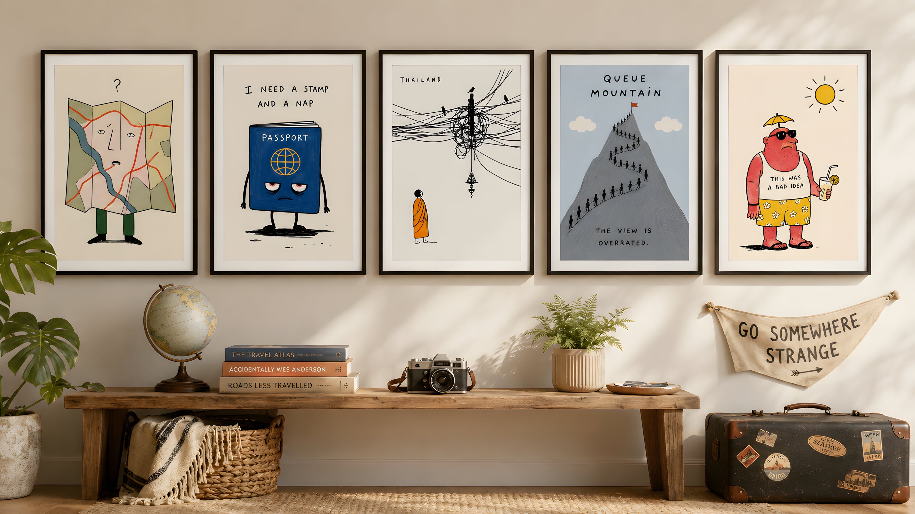 Framed travel gallery wall with five quirky illustrated posters in black frames above a rustic wooden bench, styled with a globe, vintage camera, travel books, plants, woven basket and old suitcase. A fabric banner reads “Go Somewhere Strange”, creating a playful travel-inspired room scene.