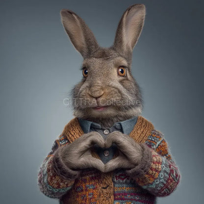 Hyper-realistic rabbit making heart shape in knitted jumper - Midjourney AI art prompt example