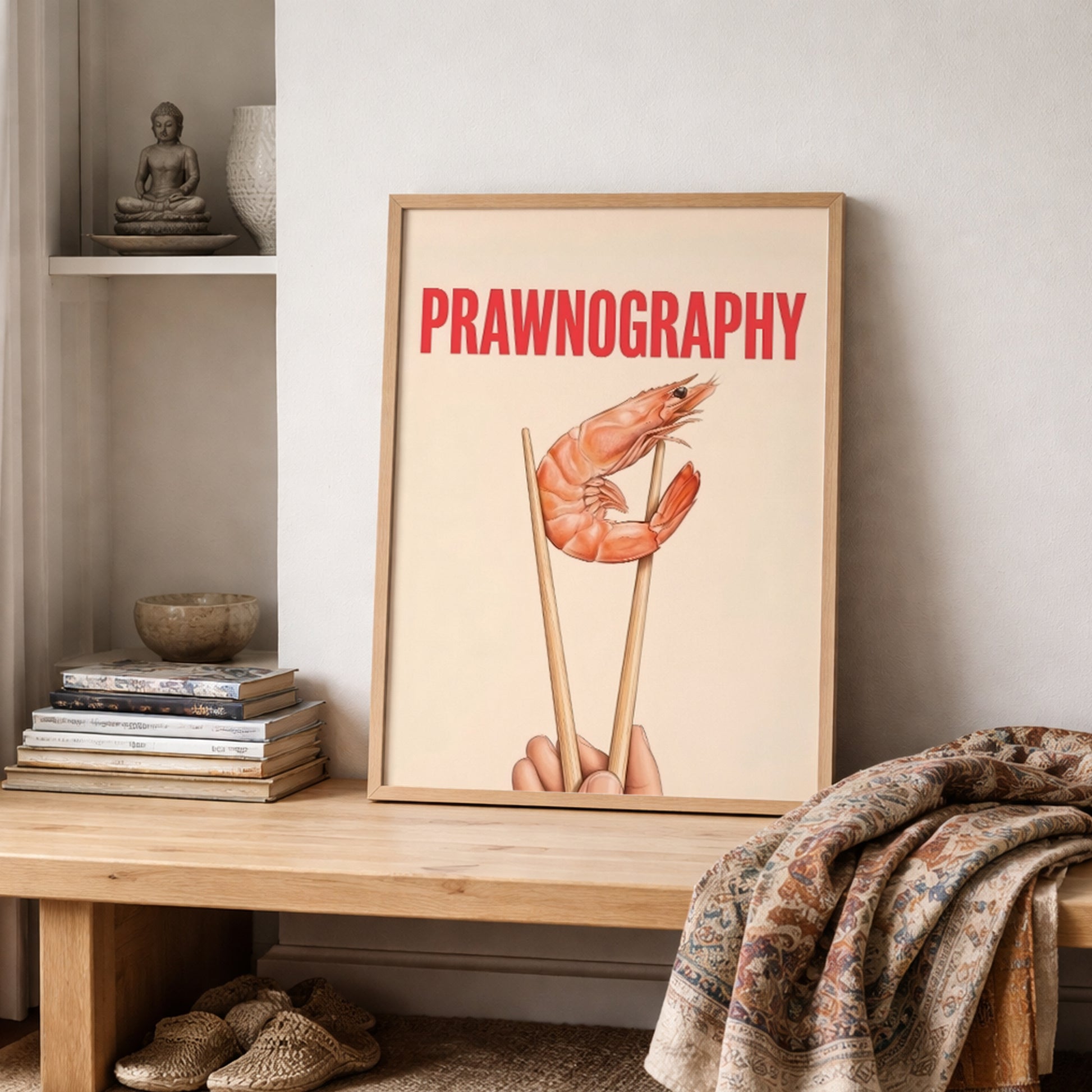 Prawnography shrimp food poster leaned on a wooden shelf in a framed room setting with books, neutral decor and a textured throw nearby. The print features a prawn held in chopsticks under bold red PRAWNOGRAPHY text on a cream background. The styling gives it a relaxed modern look suited to kitchen wall decor, dining room art, humorous food prints and simple contemporary shelf displays.