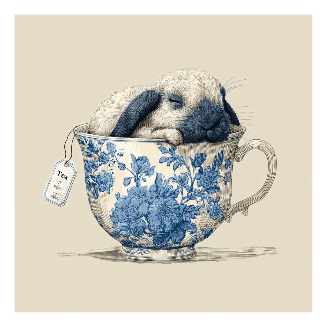 Little bunny sleeping inside a blue and white asian porcelain ceramic mug illustration