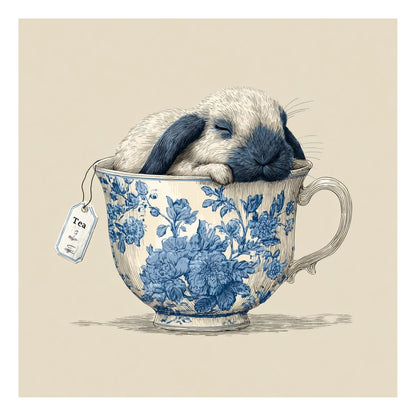 Little bunny sleeping inside a blue and white asian porcelain ceramic mug illustration