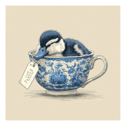 Cute duckling sleeping inside an asian porcelain ceramic mug with blue floral patterns