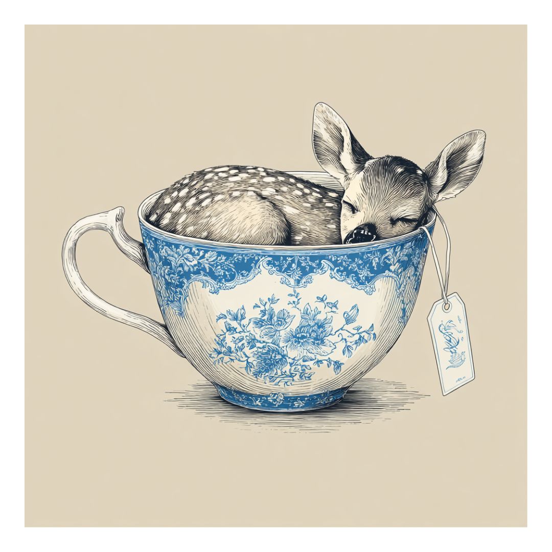 Little fawn sleeping inside an asian porcelain ceramic mug with blue floral patterns