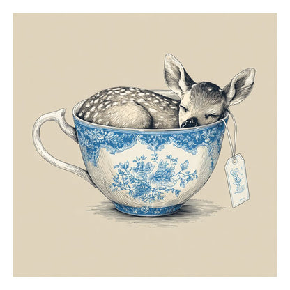 Little fawn sleeping inside an asian porcelain ceramic mug with blue floral patterns