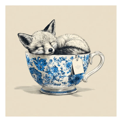 Cute fox sleeping curled up inside a blue and white asian porcelain ceramic mug