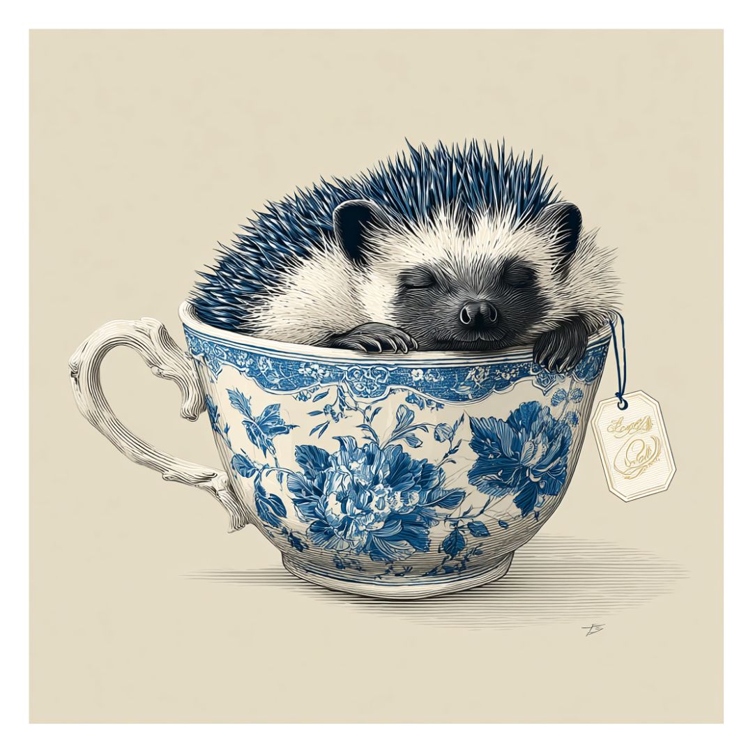 Cute hedgehog sleeping inside a blue and white asian porcelain ceramic mug illustration