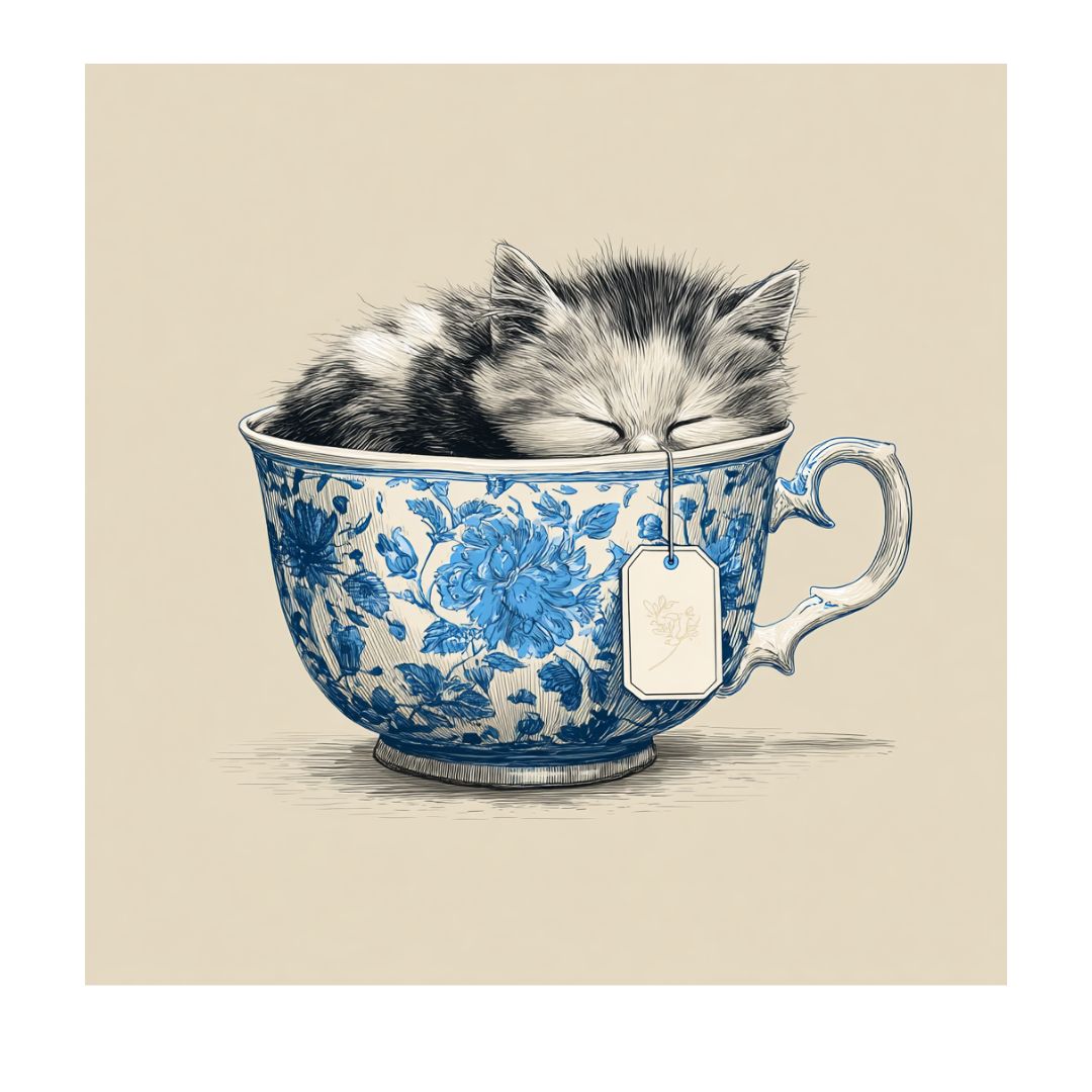 Cute kitten sleeping inside an asian porcelain ceramic mug with blue floral design