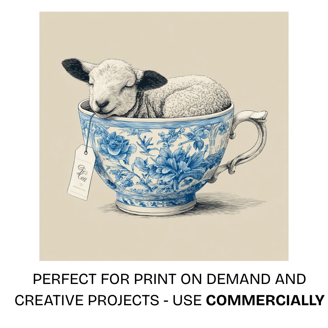Cute lamb sleeping inside an asian porcelain ceramic mug with blue floral patterns