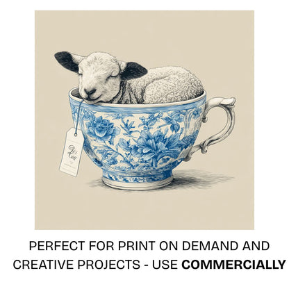 Cute lamb sleeping inside an asian porcelain ceramic mug with blue floral patterns