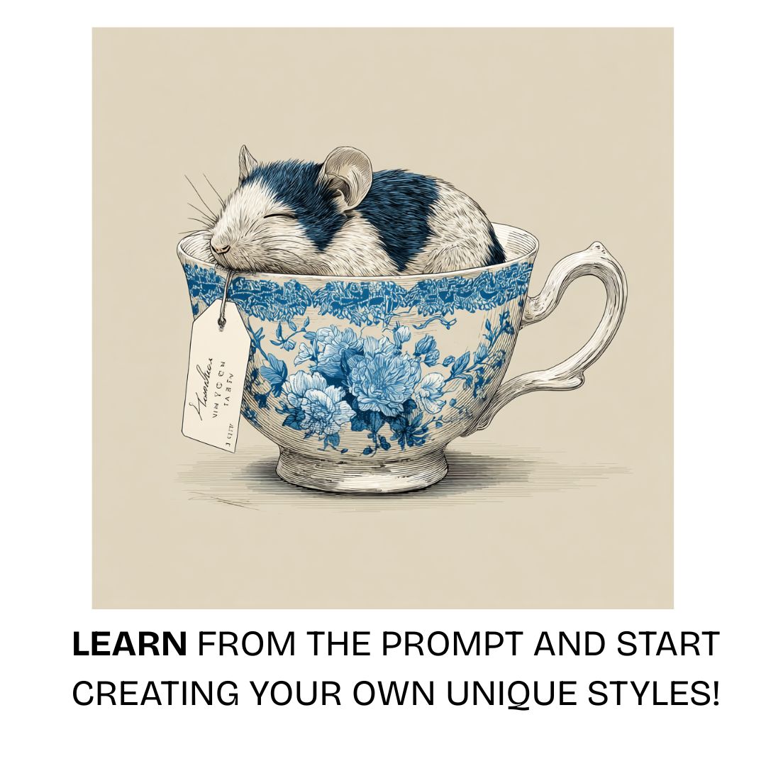 Little mouse sleeping curled up inside a blue and white asian porcelain ceramic mug