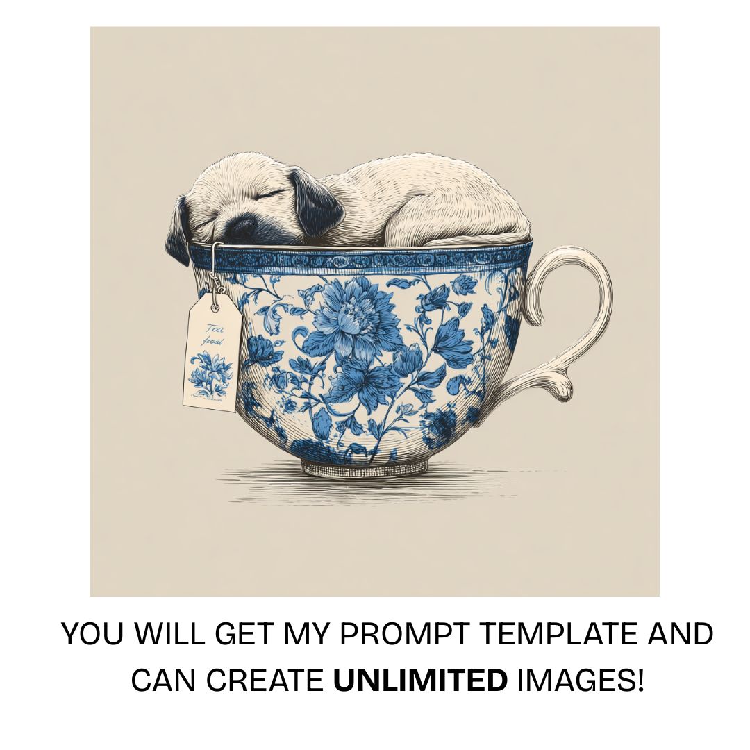 Small puppy sleeping inside a blue and white asian porcelain ceramic mug illustration