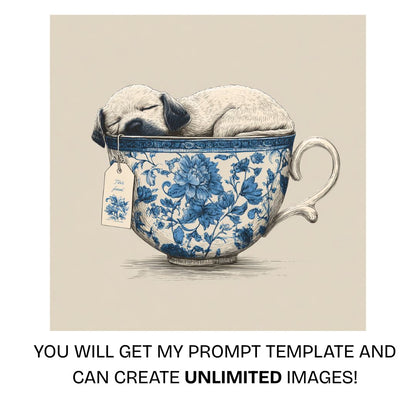 Small puppy sleeping inside a blue and white asian porcelain ceramic mug illustration