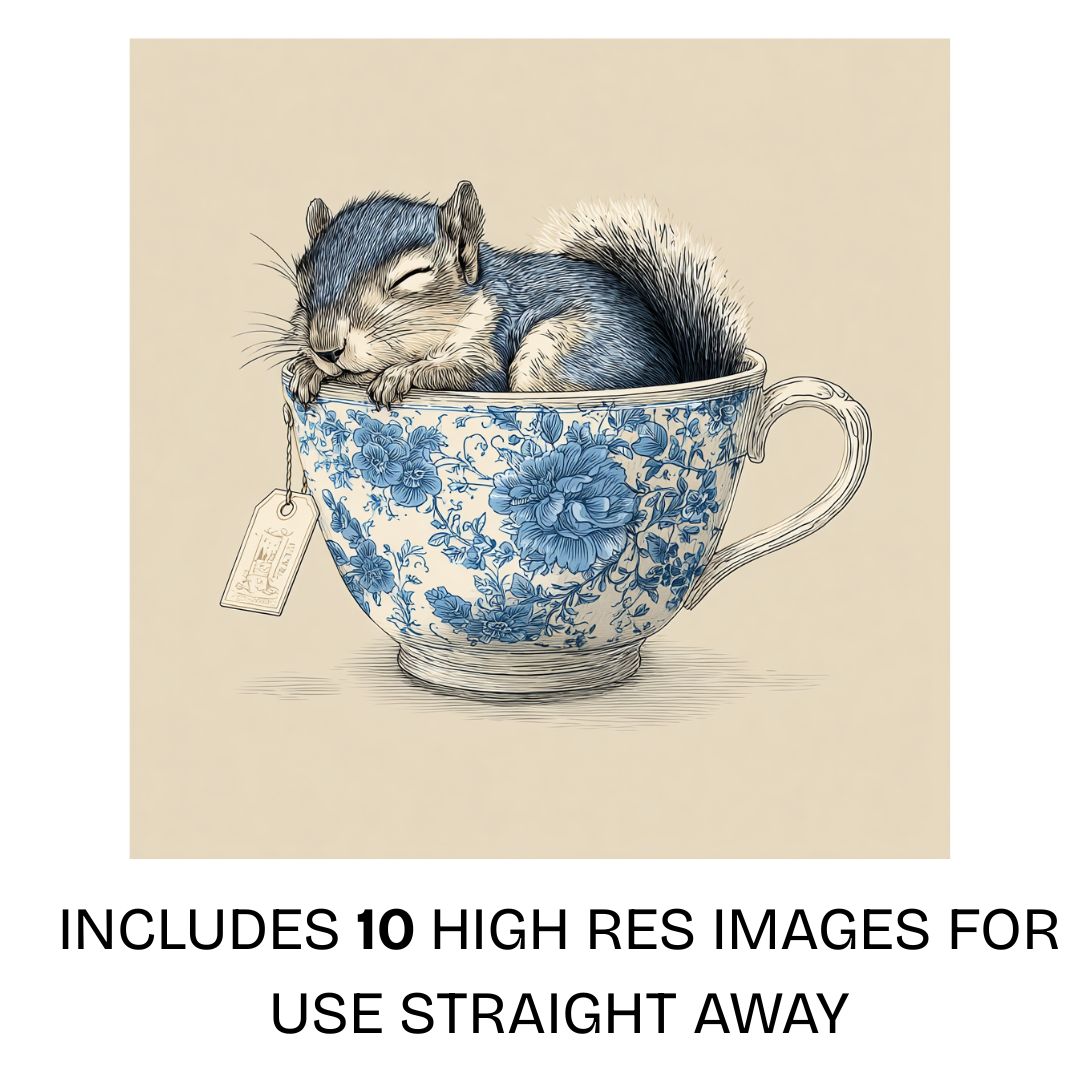Cute little squirrel sleeping inside an asian blue and white porcelain ceramic mug illustration