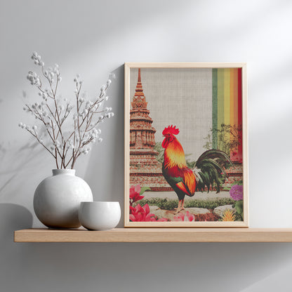 Compact Thai rooster art print in a small light-wood frame placed on a wooden shelf against a grey wall with minimal decor. The miniature artwork still clearly shows the colourful rooster, Wat Arun temple background, canvas texture and rainbow accent, demonstrating how the piece works as desk, sideboard or bedroom shelf art.