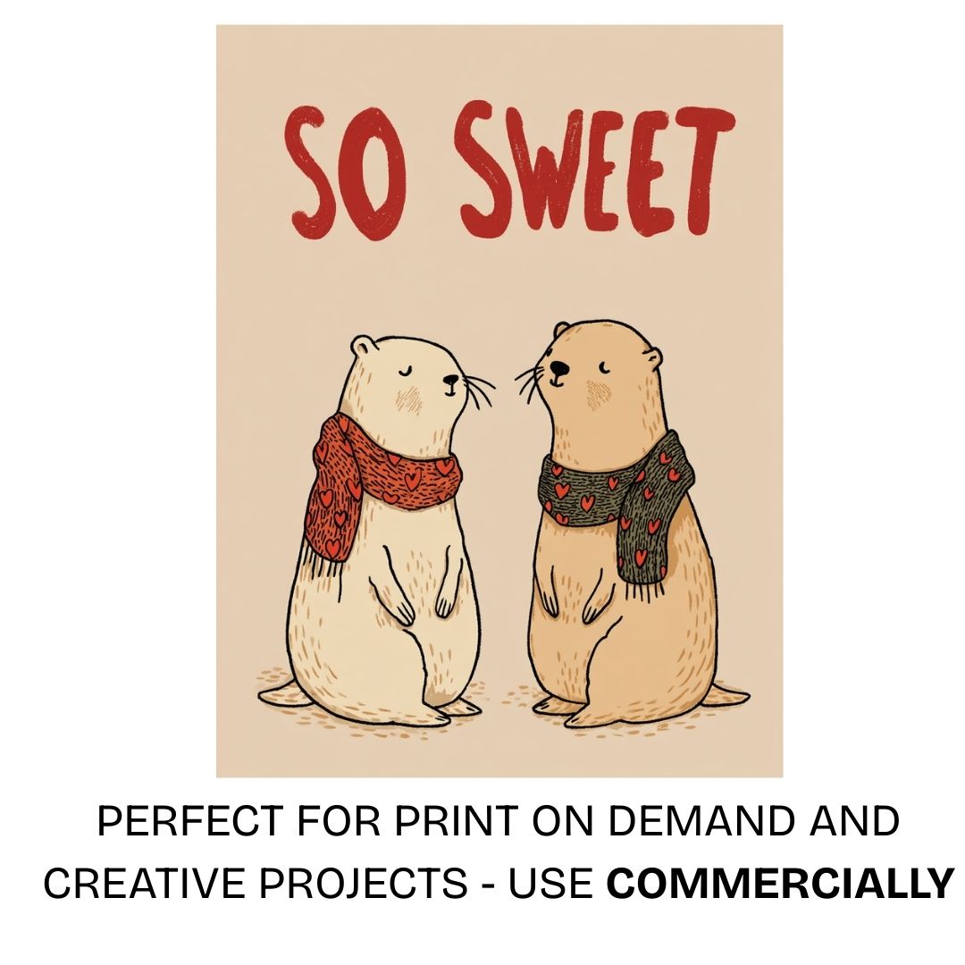 Illustrated animal otter couple wearing scarves with so sweet text for romantic love cards