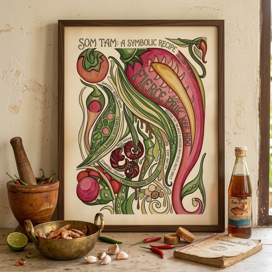 Main lifestyle mockup of the Som Tam Recipe Print framed and placed on a kitchen shelf with bottles, bowls and simple food styling around it. The setting gives context for how the Thai food poster looks in a real cooking space. The hand-painted artwork shows chilli, papaya, tomato, lime and recipe lettering, making it a strong choice for Thai kitchen decor, recipe wall art or restaurant-inspired interiors.
