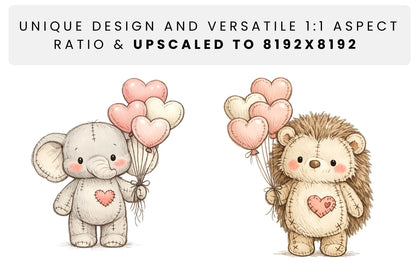 Side-by-side transparent plush characters in a 1:1 square format, showing ultra high-resolution detail at 8192x8192 including fine pencil strokes, stitching lines and soft pastel colouring