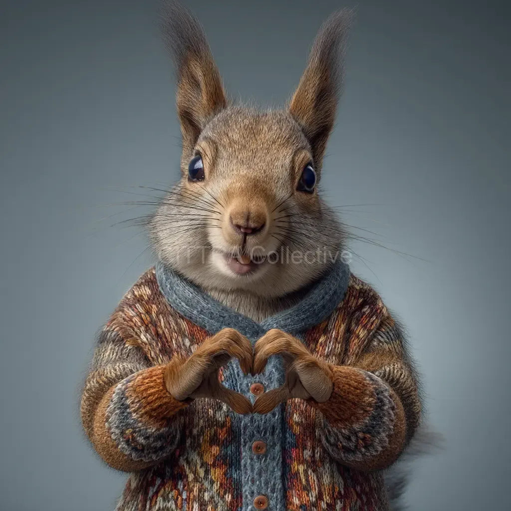 Hyper-realistic squirrel making heart shape in knitted jumper - Midjourney AI art prompt example