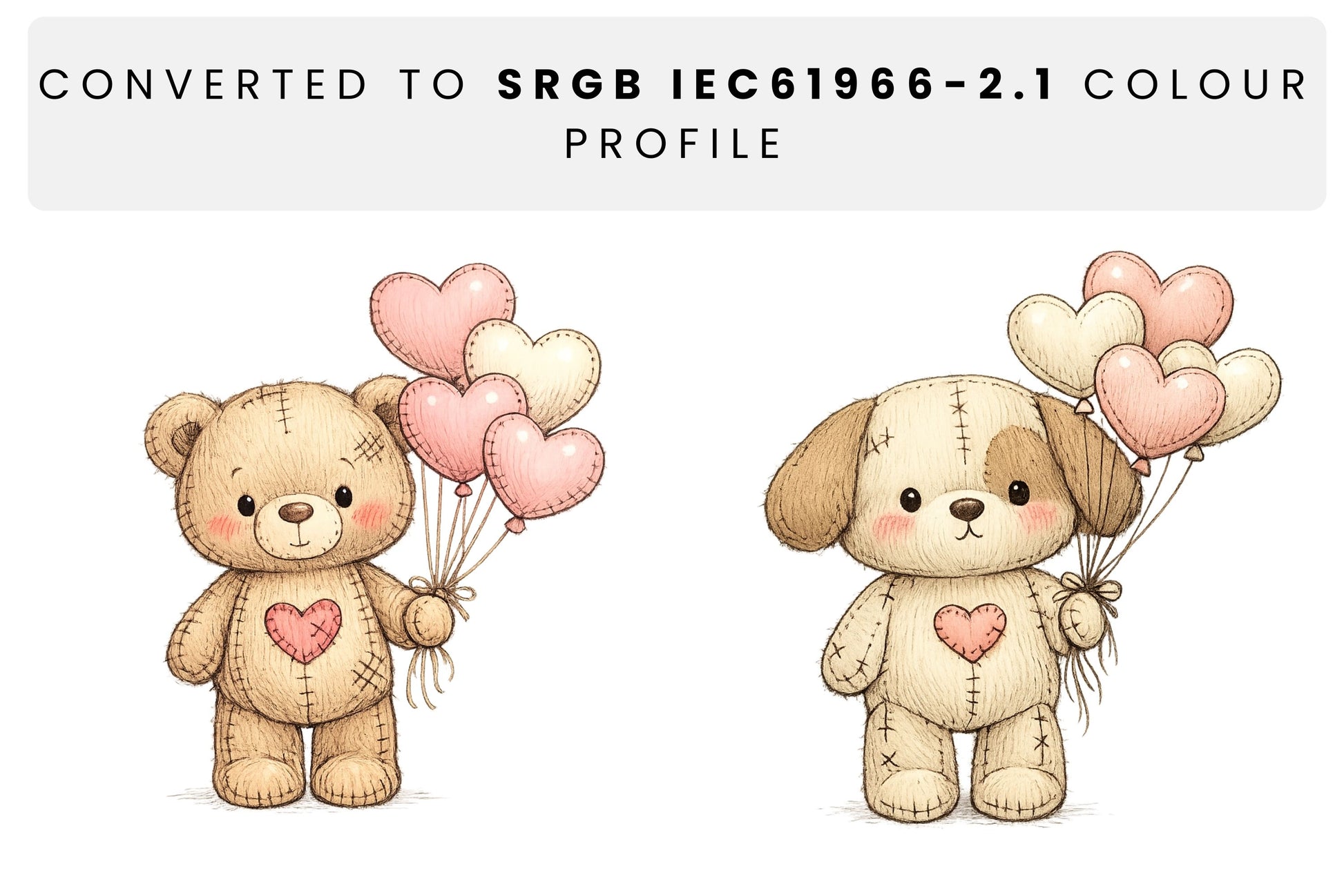 Two transparent stitched plush animals displayed to demonstrate accurate colour reproduction in the sRGB IEC61966-2-1 colour profile, showing soft pink blush tones and warm neutral fabrics