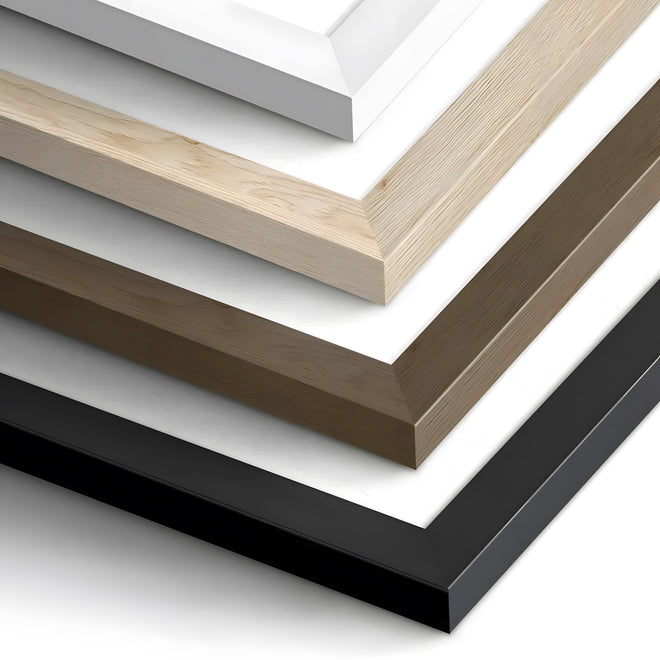 Stack of different colored picture frames on a white background