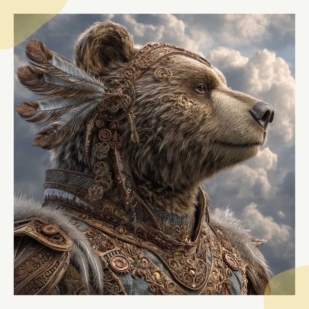 Portrait of a bear in detailed steampunk style, Midjourney-generated art with bronze tones and feather accents on a cloudy backdrop
