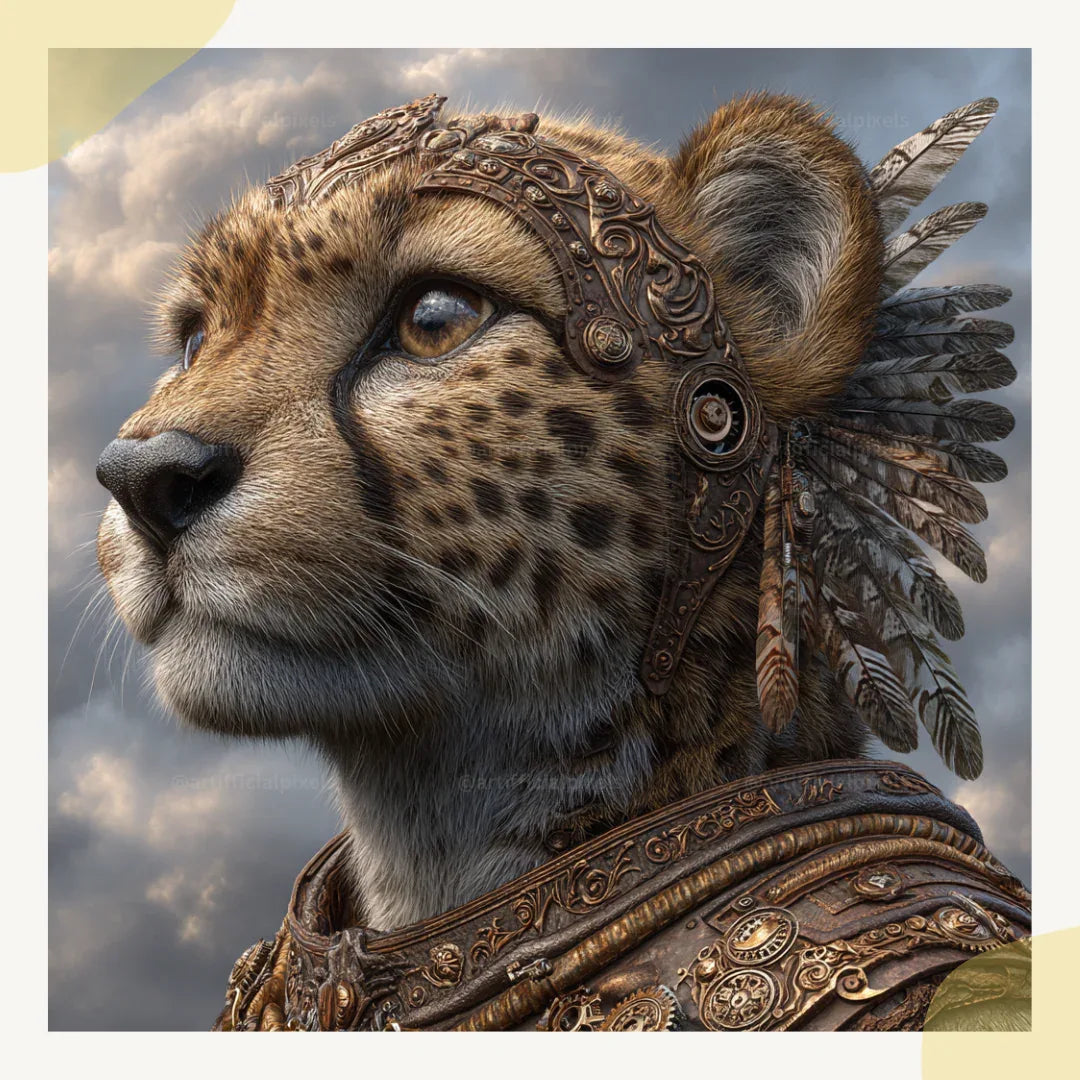 Portrait of a cheetah in detailed steampunk style, Midjourney-generated art with bronze tones and feather accents on a cloudy backdrop