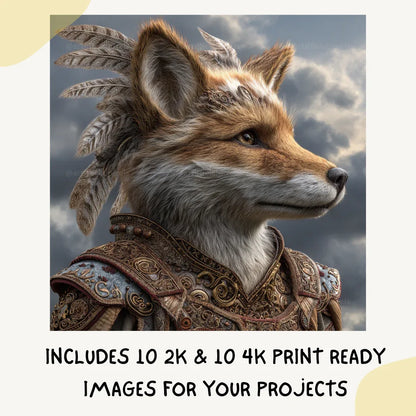 Portrait of a fox in detailed steampunk style, Midjourney-generated art with bronze tones and feather accents on a cloudy backdrop