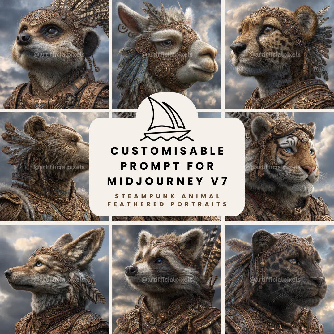 Portrait of a group of animals in detailed steampunk style, Midjourney-generated art with bronze tones and feather accents on a cloudy backdrop