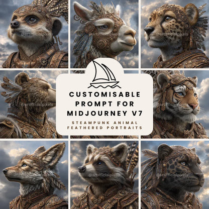 Portrait of a group of animals in detailed steampunk style, Midjourney-generated art with bronze tones and feather accents on a cloudy backdrop