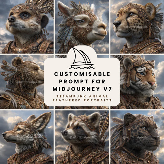 Portrait of a group of animals in detailed steampunk style, Midjourney-generated art with bronze tones and feather accents on a cloudy backdrop