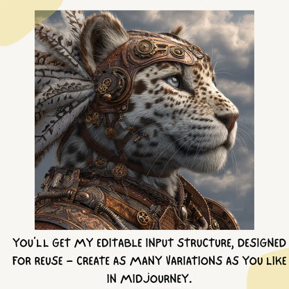 Portrait of a jaguar in detailed steampunk style, Midjourney-generated art with bronze tones and feather accents on a cloudy backdrop