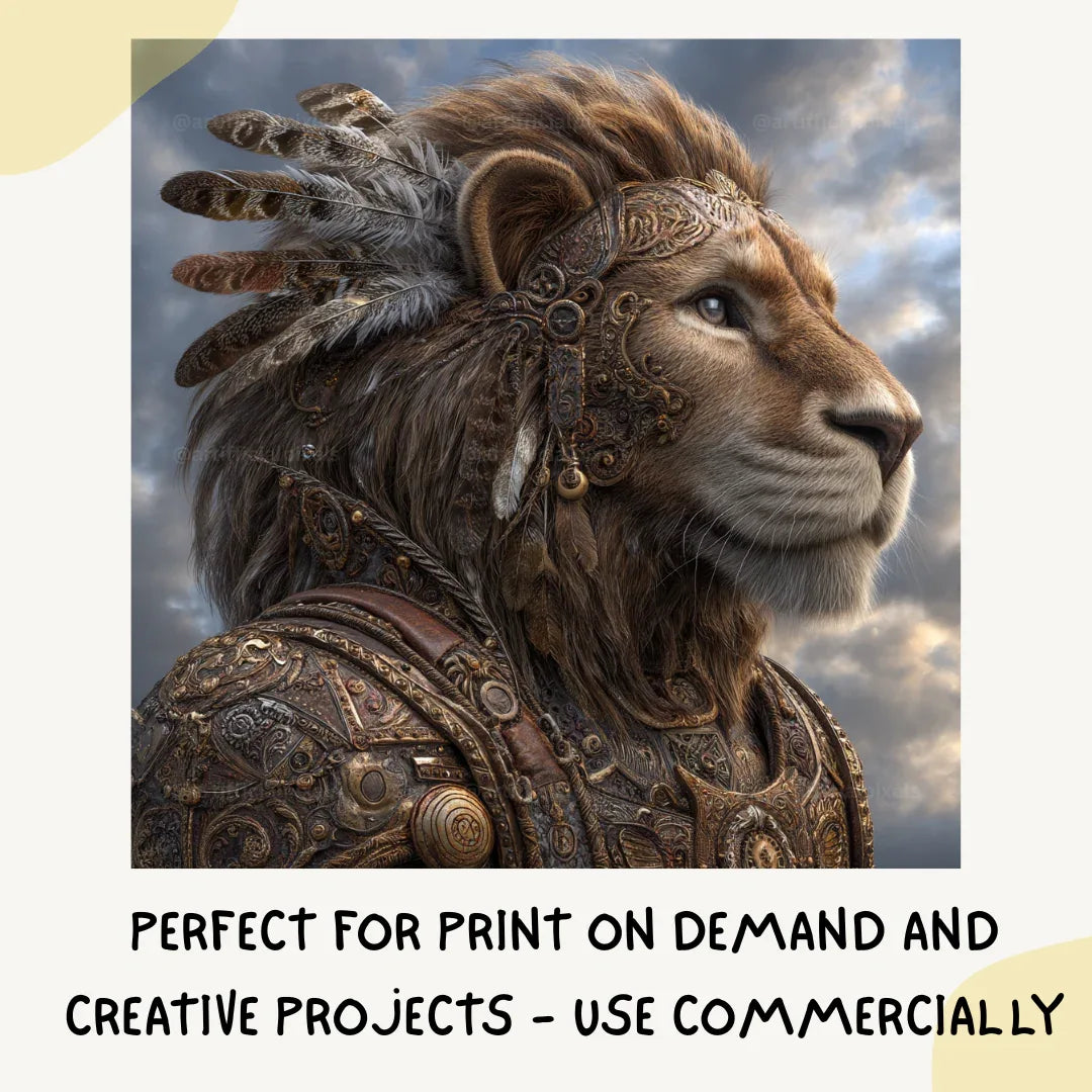 Portrait of a lion in detailed steampunk style, Midjourney-generated art with bronze tones and feather accents on a cloudy backdrop