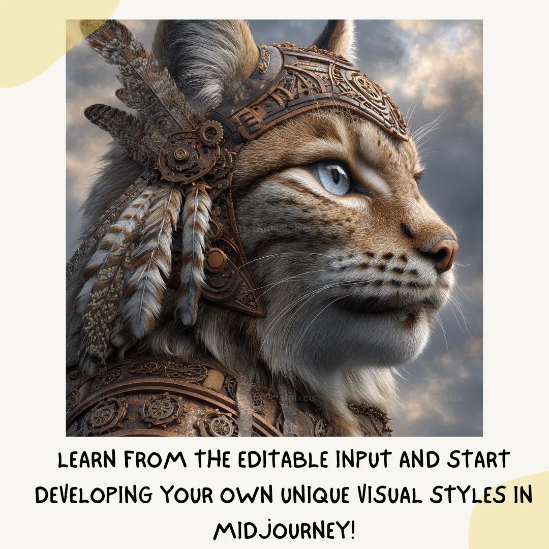 Portrait of a lynx in detailed steampunk style, Midjourney-generated art with bronze tones and feather accents on a cloudy backdrop